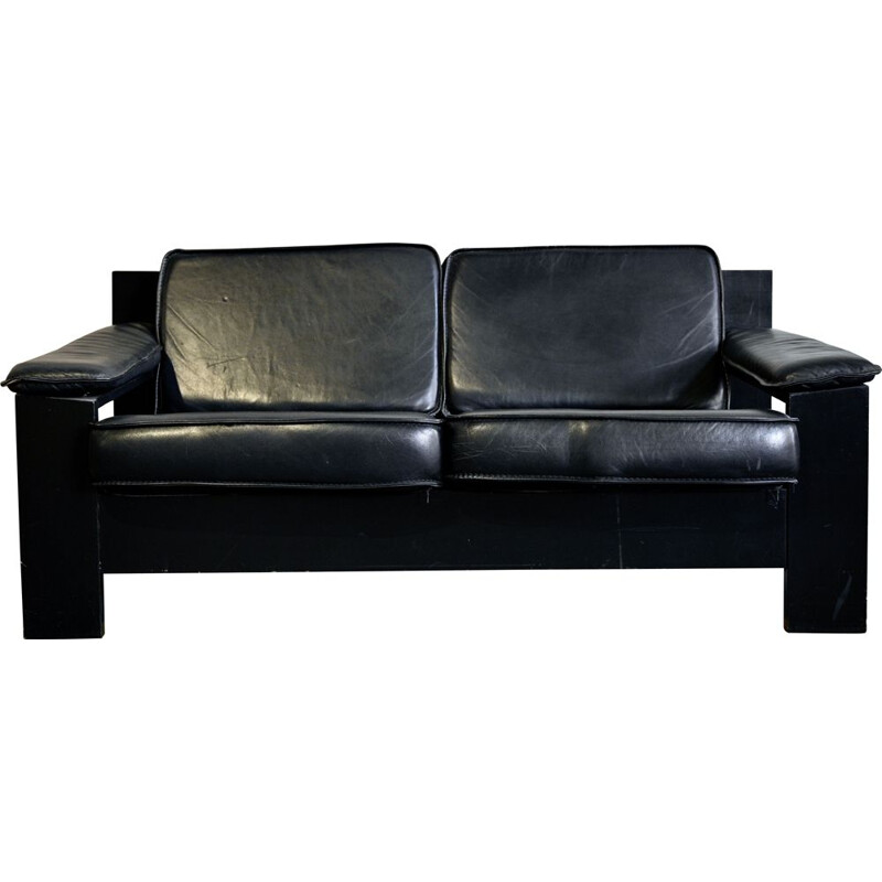 2-Seater Sofa Brutalist in Black Leather by Harry de Groot for Leolux, 1970s