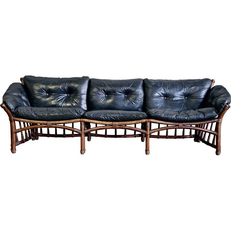 Vintage Leather and Rattan Sofa 1970s
