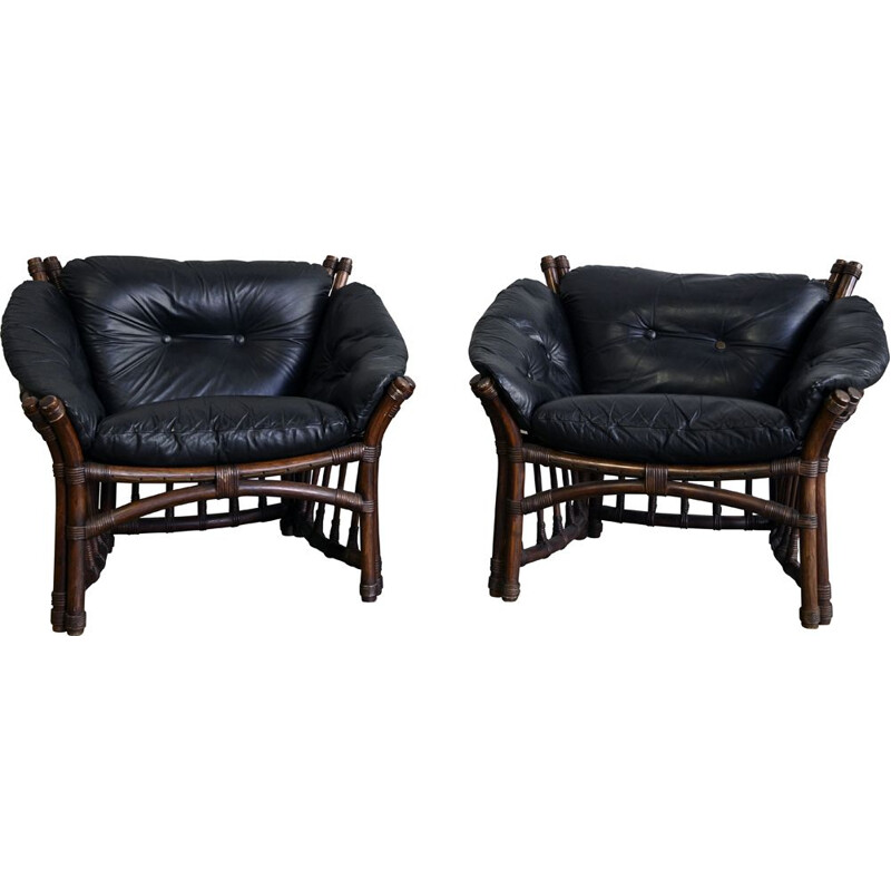 Pair of vintage Leather and Rattan Chairs 1970s