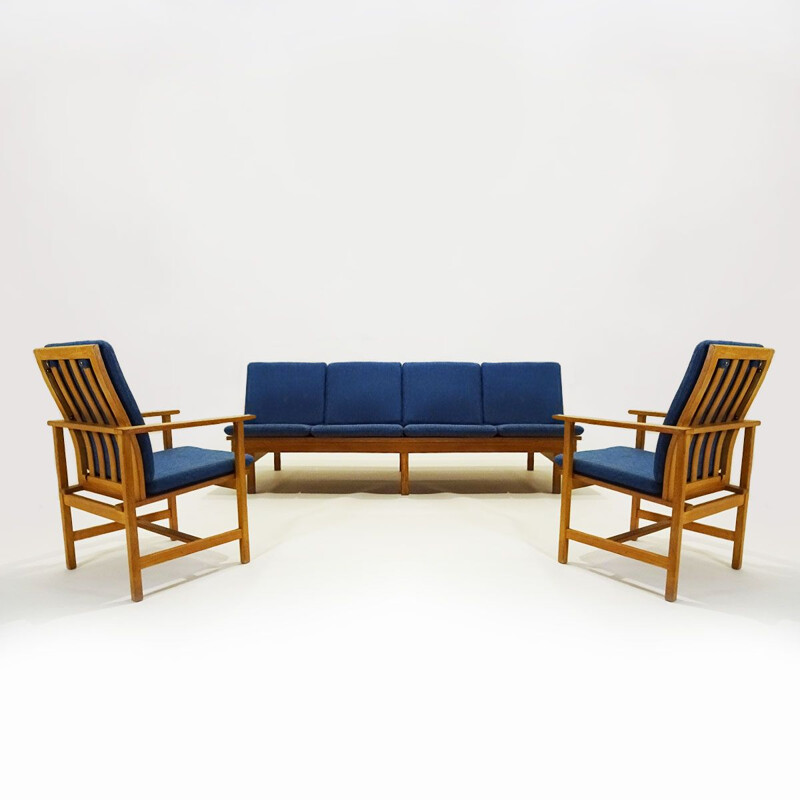 Danish Mid century Børge Mogensen 4 seater Oak bench sofa and two armchairs