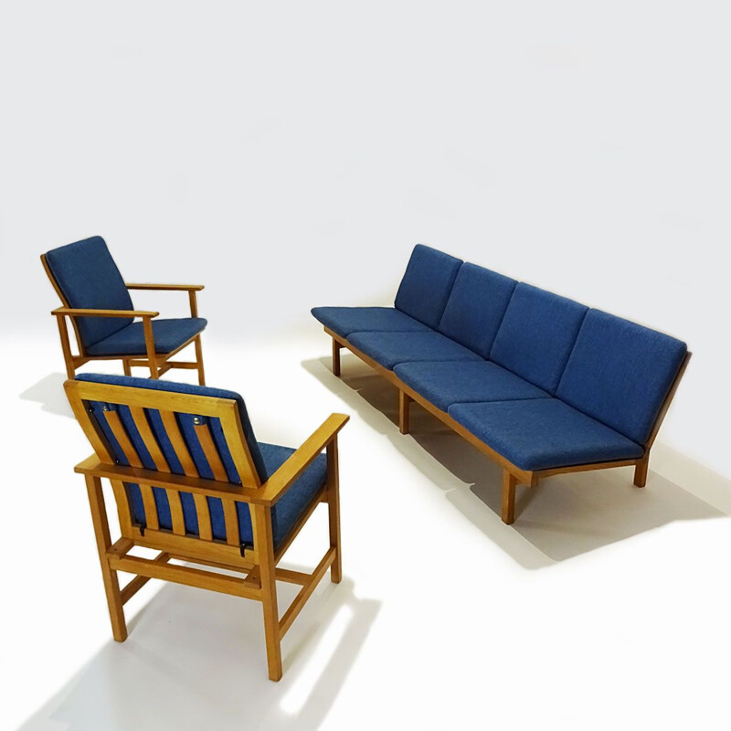 Conjunto de banco de roble vintage de 4 plazas y dos sillones de Børge Mogensen Danish