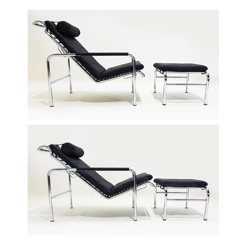 Paar Vintage Genni Liegestühle und Hocker aus schwarzem Leder von Gabriele Mucchi
