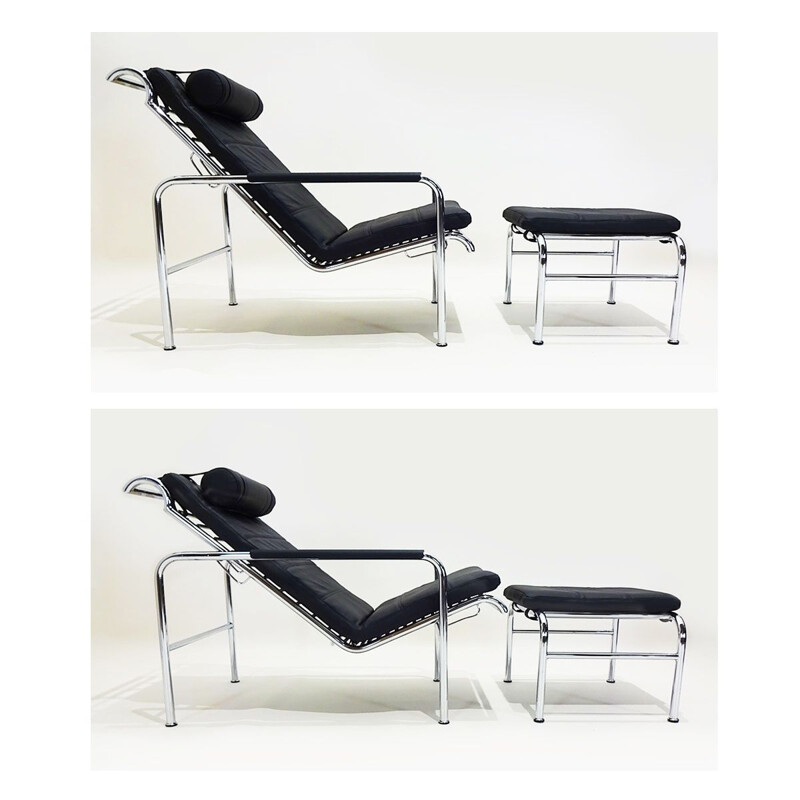 Pair of vintage black leather Genni reclining lounge chairs and ottomans by Gabriele Mucchi