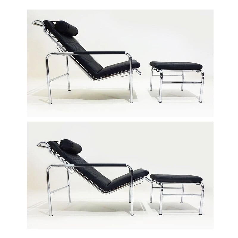 Paire de chaises longues et de poufs vintage Genni en cuir noir par Gabriele Mucchi