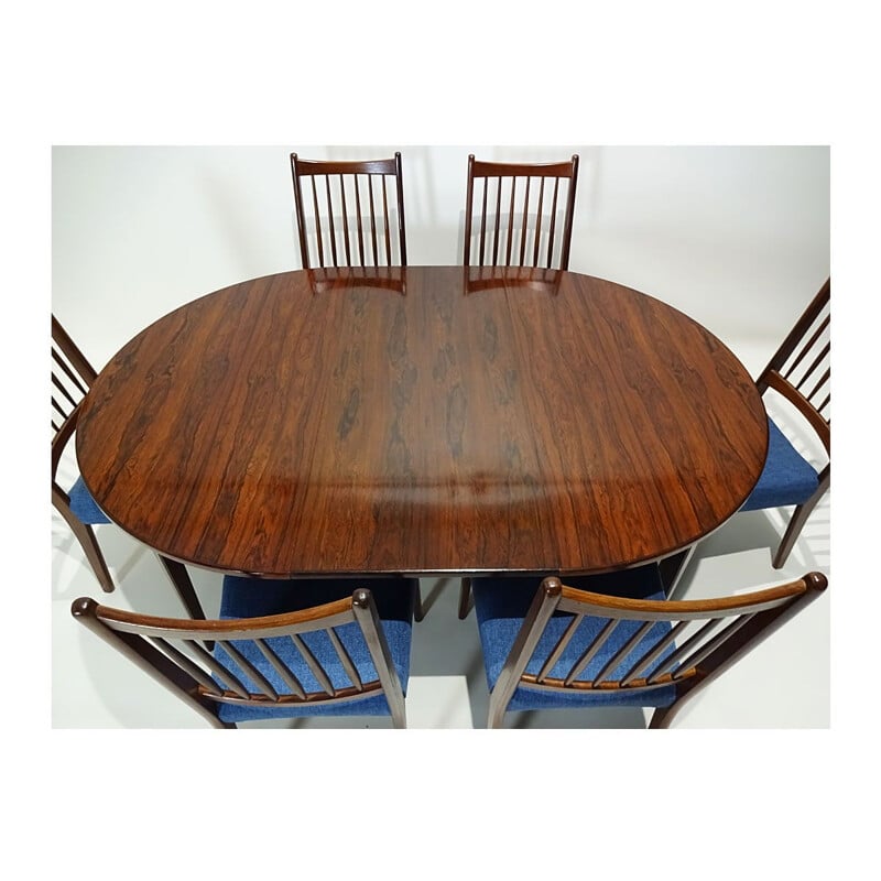Table vintage danoise en palissandre et 8 chaises en teck Arne Hovmand Olsen