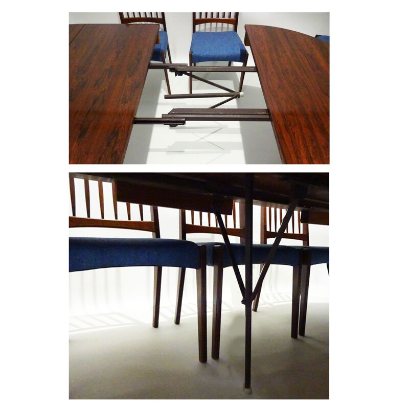 Danish Mid Century extending rosewood dining table and 8 Arne Hovmand Olsen teak dining chairs