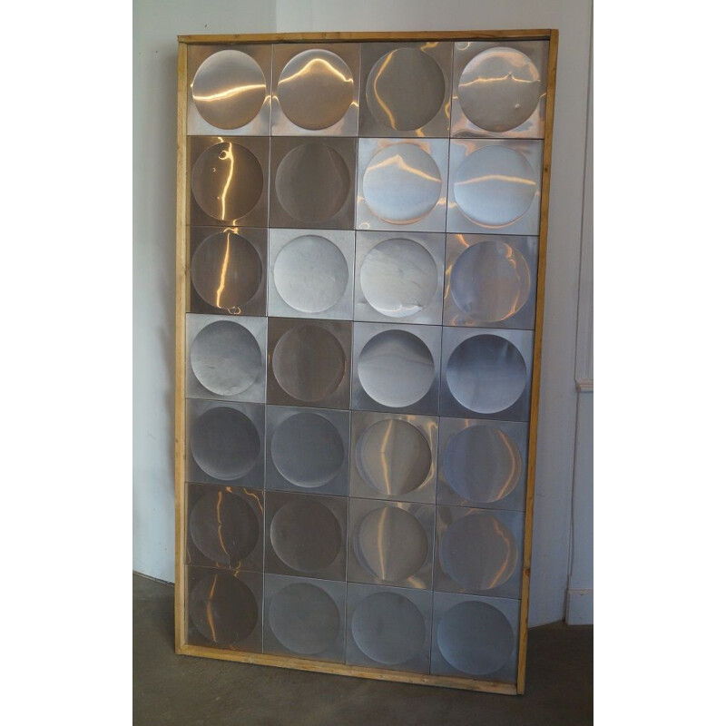 Large decorative vintage panel in wood and metal 1970s
