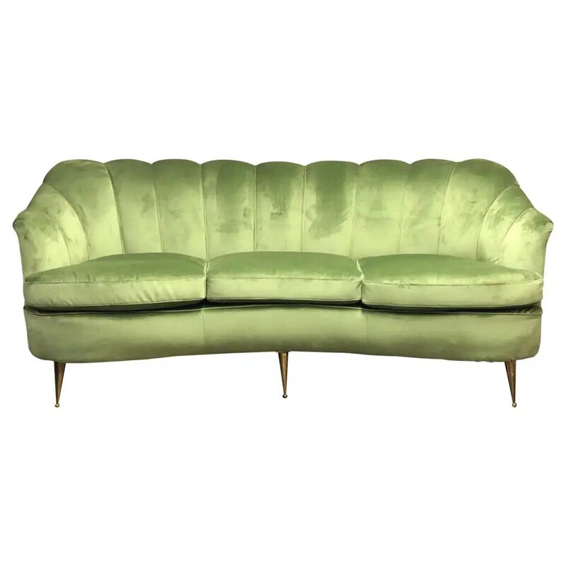 Mid-Century Green Velvet and Brass Italian Curved Sofa 1950