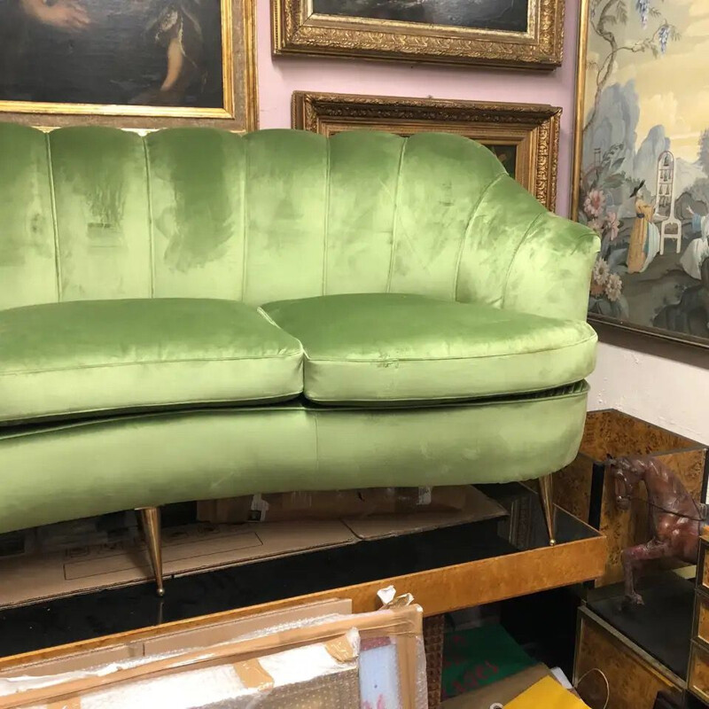 Canapé vintage en velours vert et laiton 1950