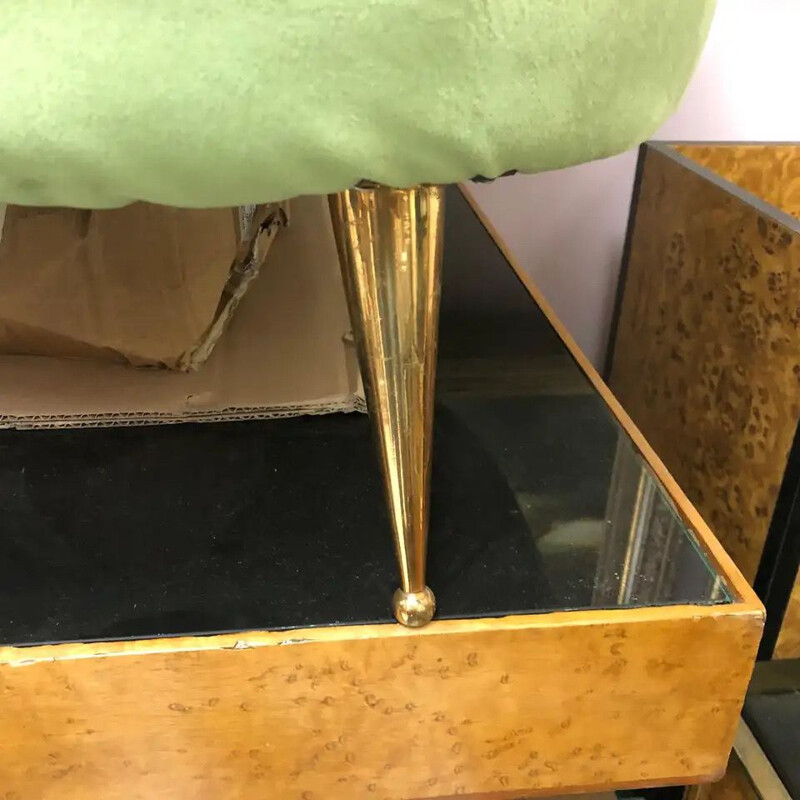 Mid-Century Green Velvet and Brass Italian Curved Sofa 1950