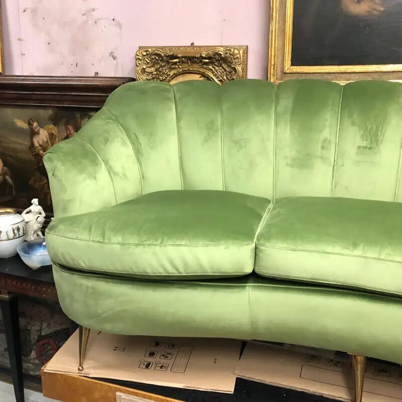Mid-Century Green Velvet and Brass Italian Curved Sofa 1950