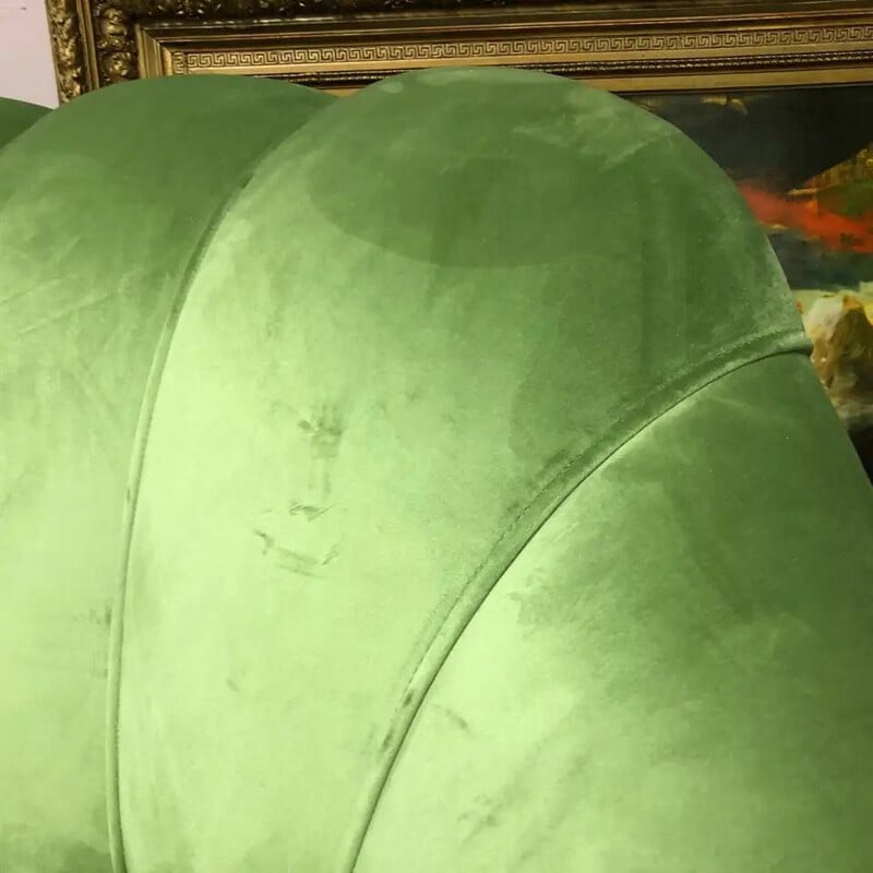 Mid-Century Green Velvet and Brass Italian Curved Sofa 1950