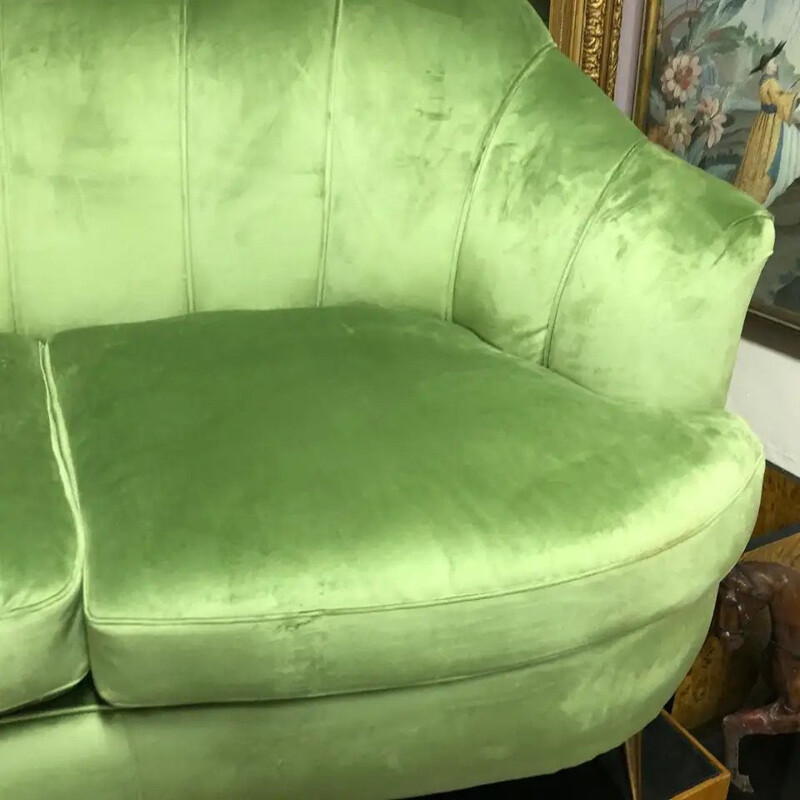 Mid-Century Green Velvet and Brass Italian Curved Sofa 1950