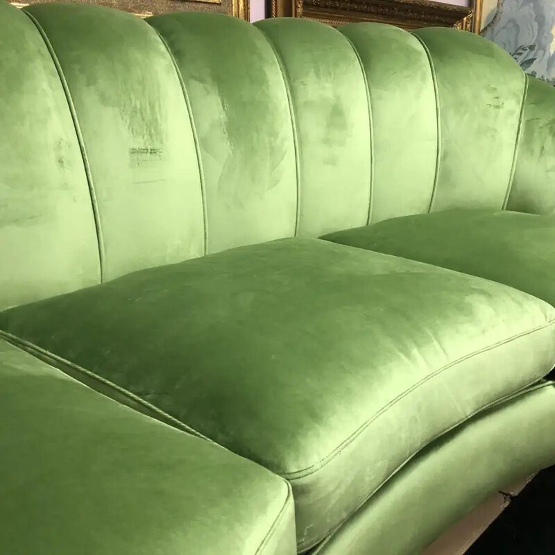 Mid-Century Green Velvet and Brass Italian Curved Sofa 1950