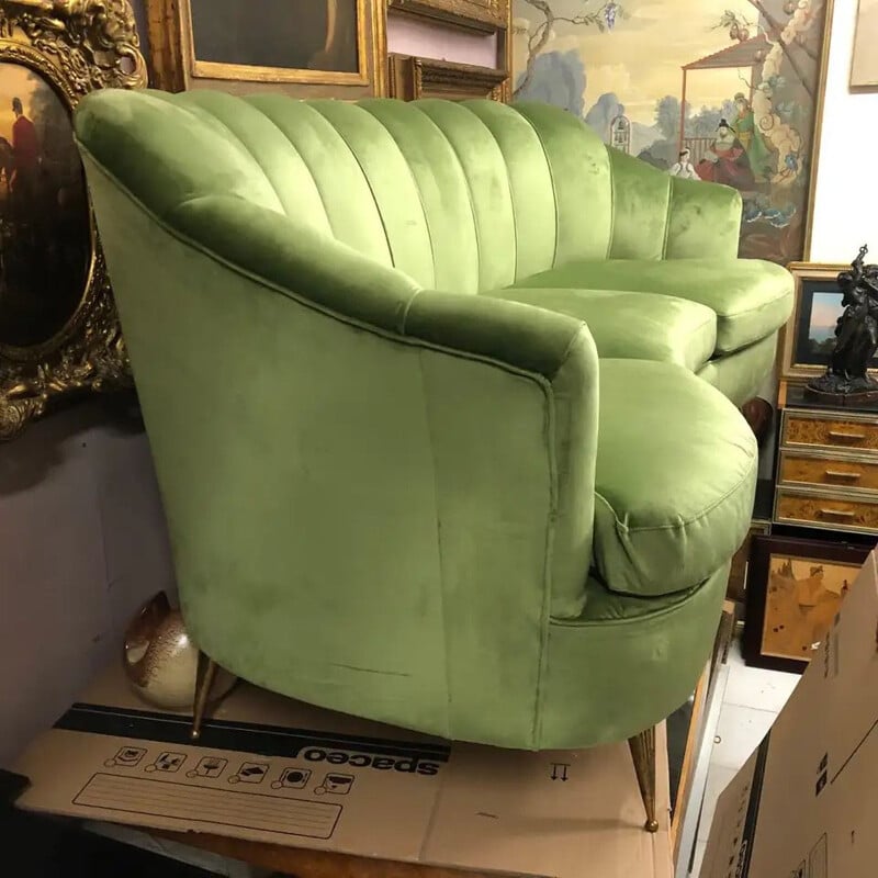 Mid-Century Green Velvet and Brass Italian Curved Sofa 1950