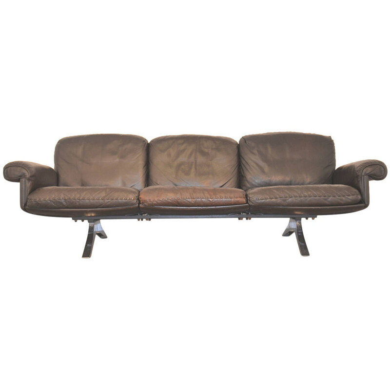De Sede mid-century three seater black sofa in leather and chromium - 1970s