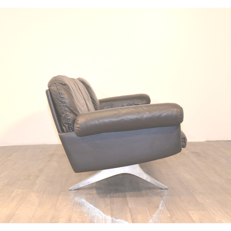 De Sede mid-century three seater black sofa in leather and chromium - 1970s