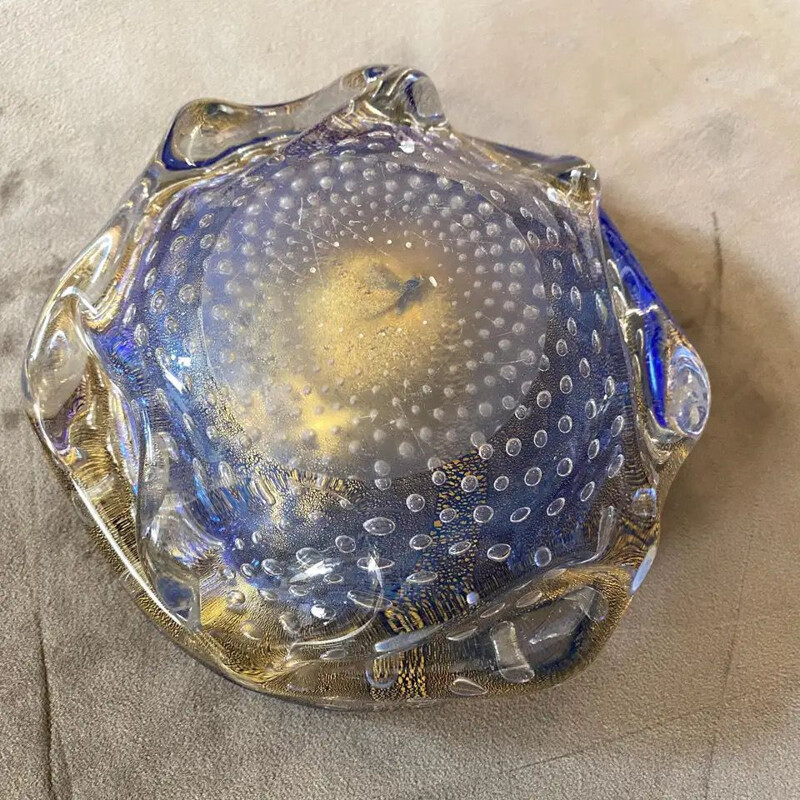 Mid-Century Modern Blue and Gold Murano Glass Ashtray circa 1960