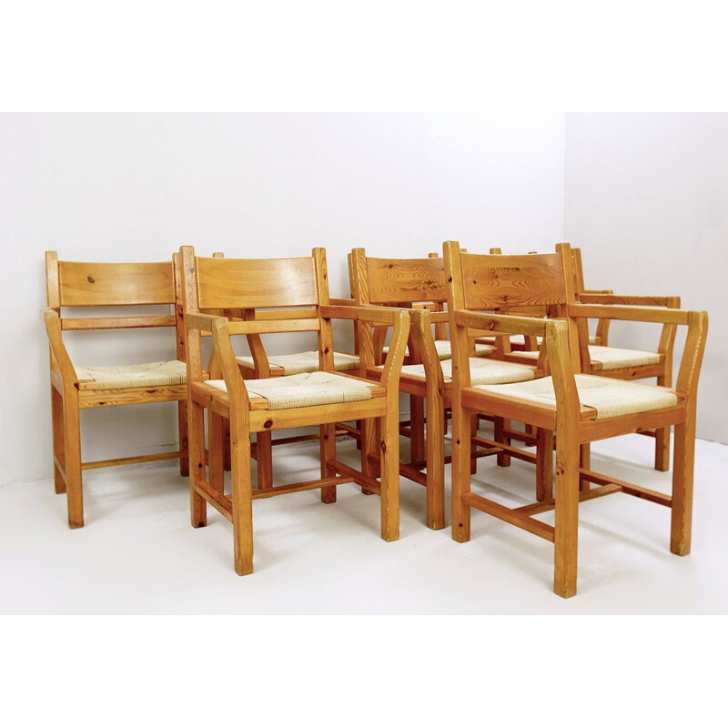 Set of 8 vintage Danish pine and rope chairs1980