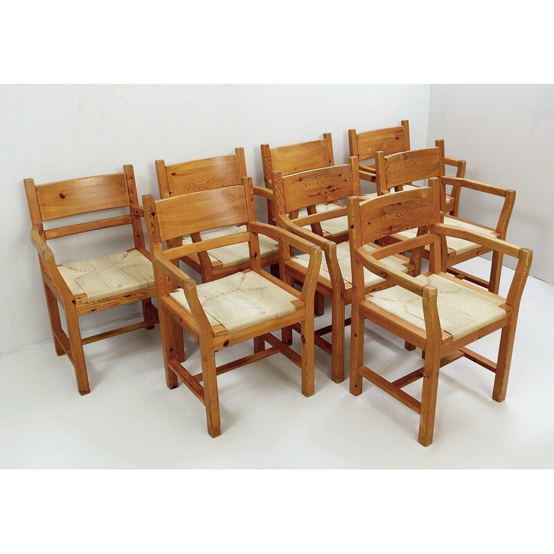 Conjunto de 8 cadeiras de pinho vintage e de corda dinamarquesa1980