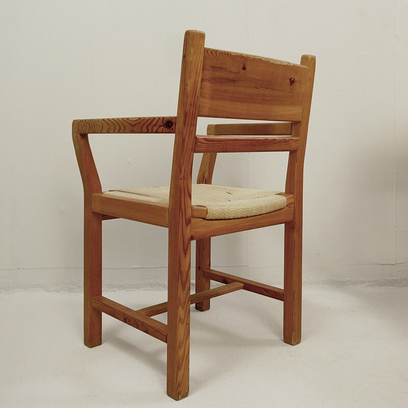 Conjunto de 8 cadeiras de pinho vintage e de corda dinamarquesa1980