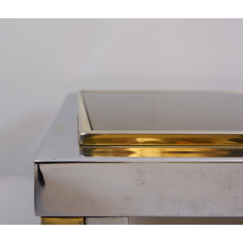 Table basse vintage en chrome et laiton avec plateau miroir fumé