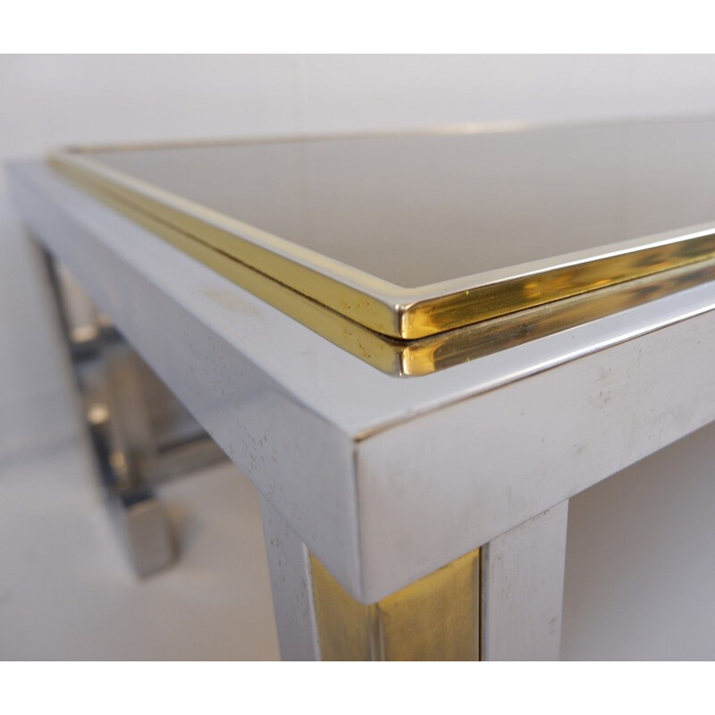 Vintage chrome and brass coffee table with smoked mirror top