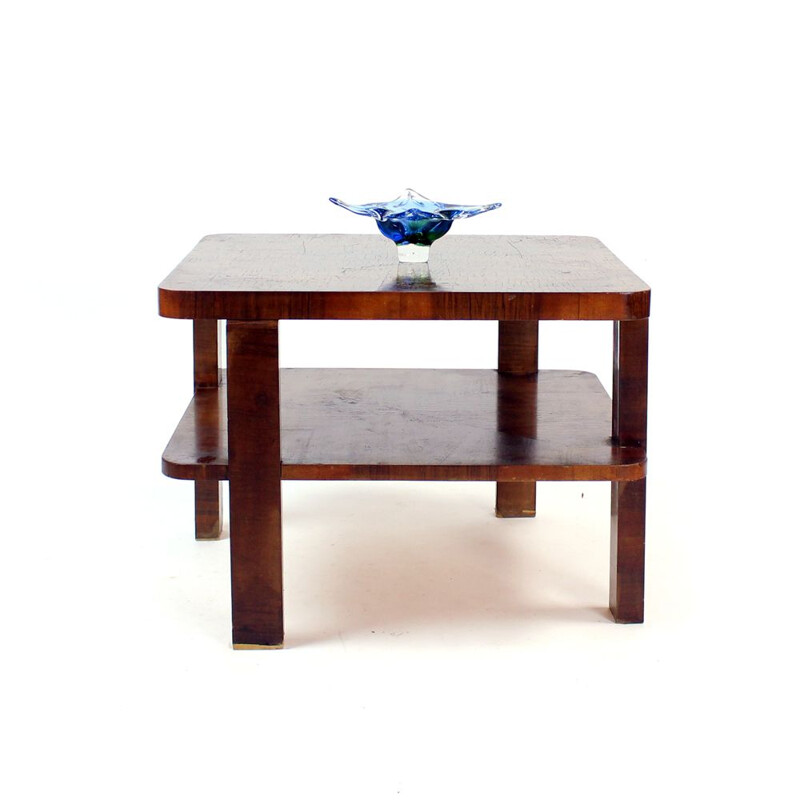 Vintage square Art Deco coffee table in walnut veneer, Czechoslovakia 1930