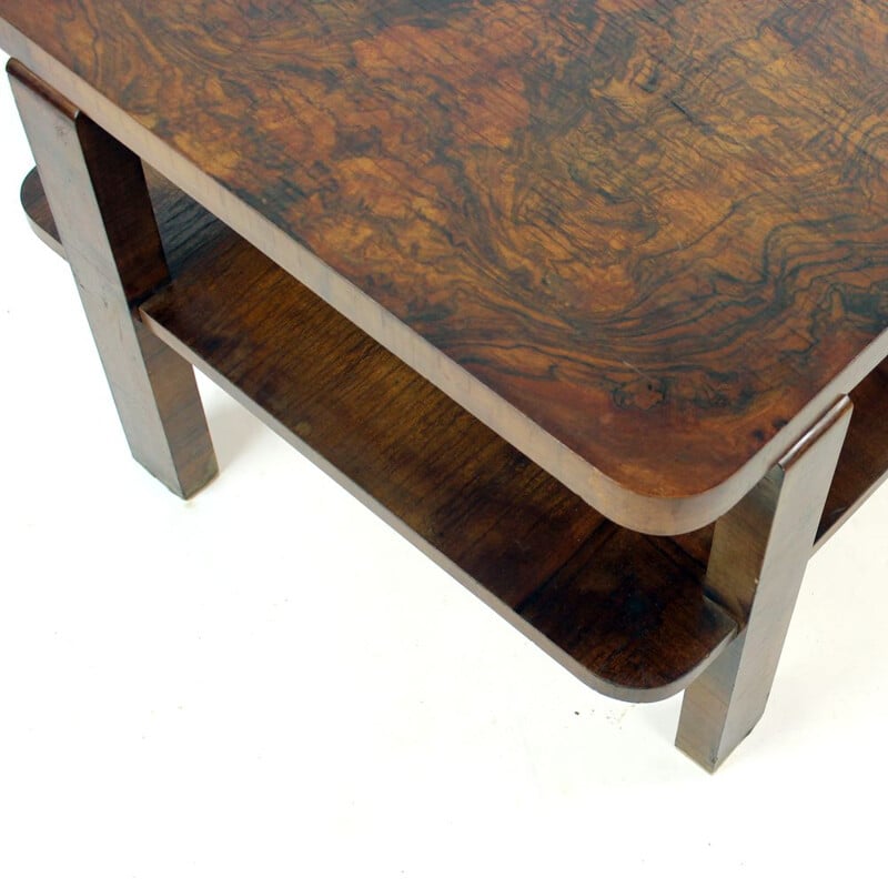 Vintage square Art Deco coffee table in walnut veneer, Czechoslovakia 1930