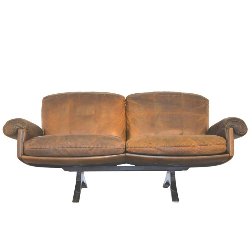 De Sede mid-century two seater brown sofa in leather and chromium - 1970s