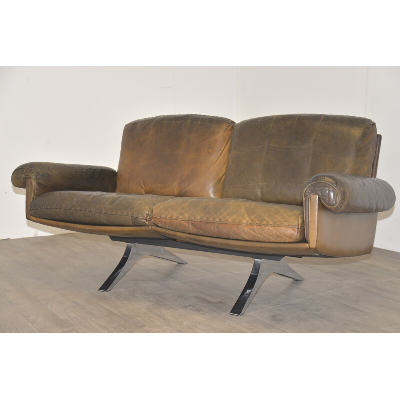 De Sede mid-century two seater brown sofa in leather and chromium - 1970s