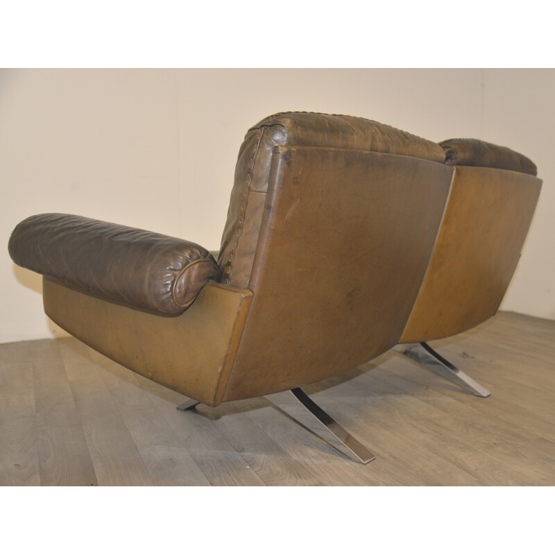 De Sede mid-century two seater brown sofa in leather and chromium - 1970s