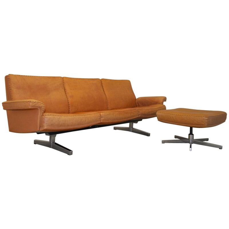 De Sede mid-century 3 seater sofa with ottoman in leather and chromium - 1970s