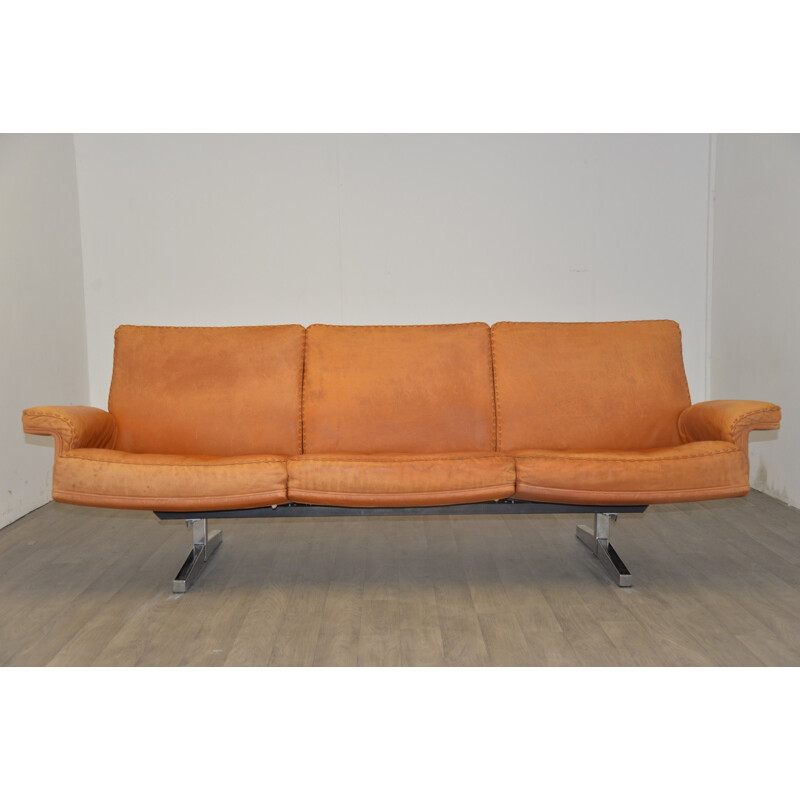 De Sede mid-century 3 seater sofa with ottoman in leather and chromium - 1970s