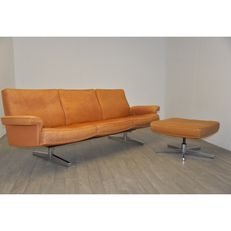 De Sede mid-century 3 seater sofa with ottoman in leather and chromium - 1970s