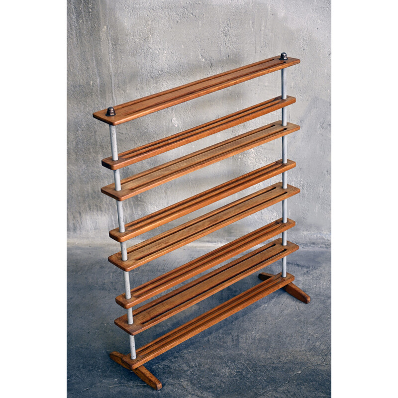 Vintage Light Wood and Metal Magazine Rack 1960s