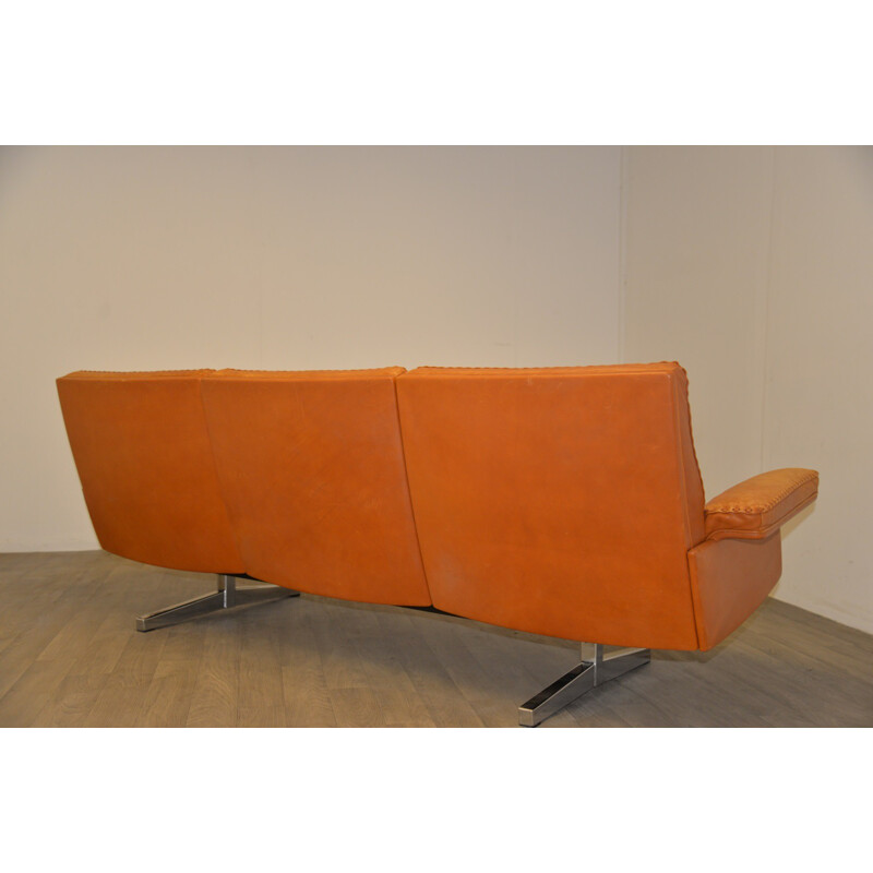 De Sede mid-century 3 seater sofa with ottoman in leather and chromium - 1970s