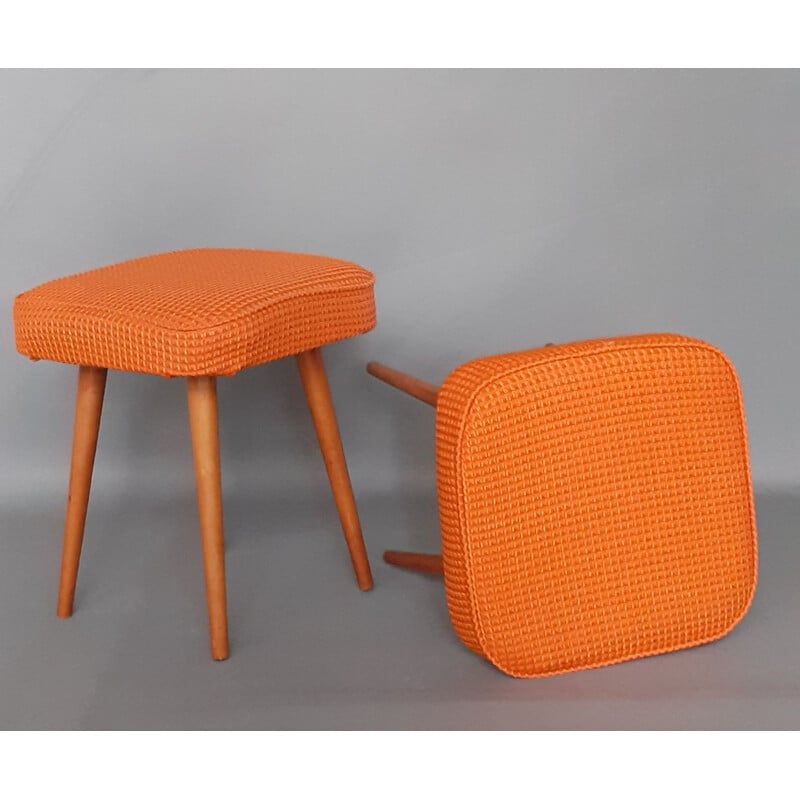 Pair of Walnut Orange Cloth Stools, Vintage Polish 1970