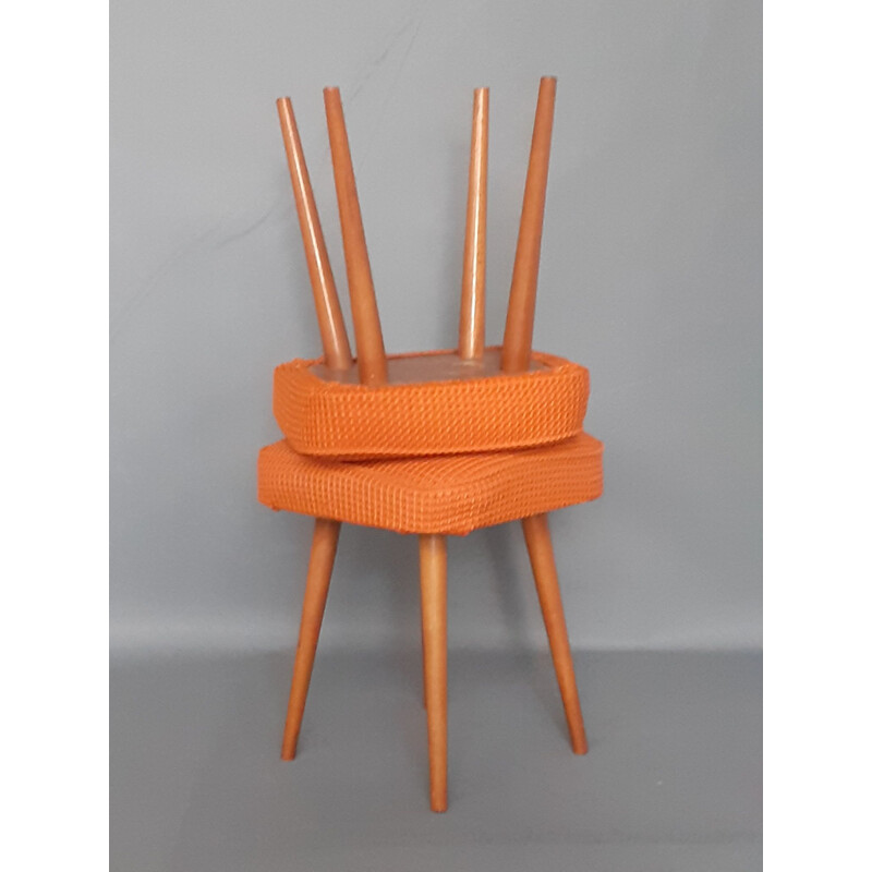 Pair of Walnut Orange Cloth Stools, Vintage Polish 1970