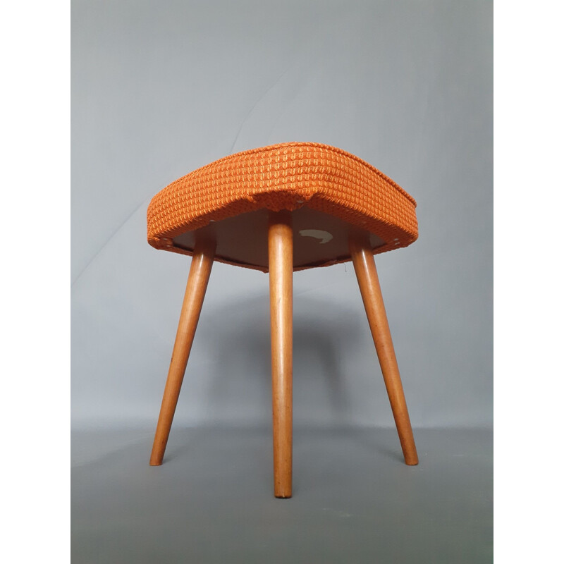 Pair of Walnut Orange Cloth Stools, Vintage Polish 1970