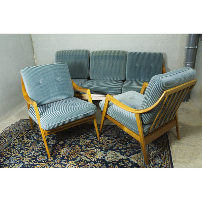 Canapé et 2 fauteuils vintage en merisier velours bleu 1950