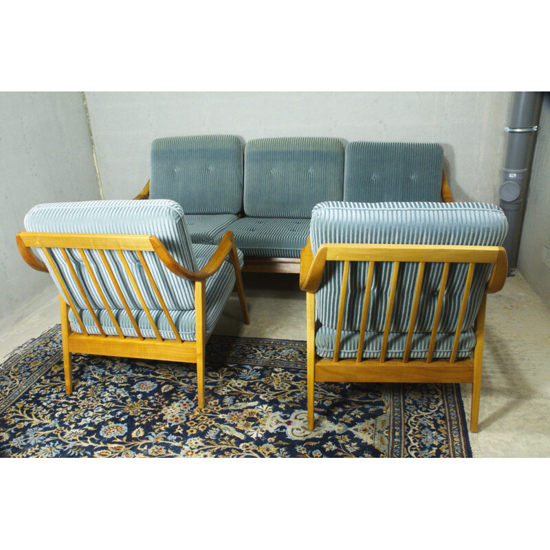 Canapé et 2 fauteuils vintage en merisier velours bleu 1950