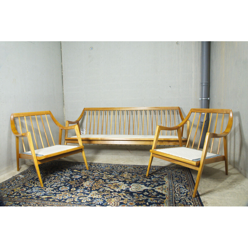 Canapé et 2 fauteuils vintage en merisier velours bleu 1950