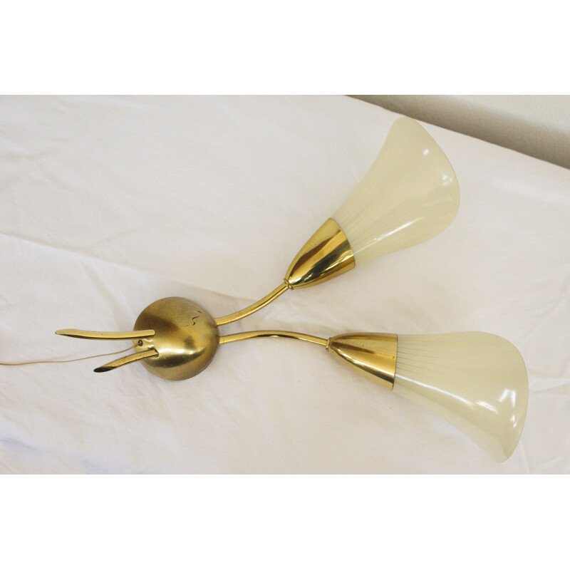 Vintage wall lamp with 2 glass cones and brass pull switch Rockabilly 1950s