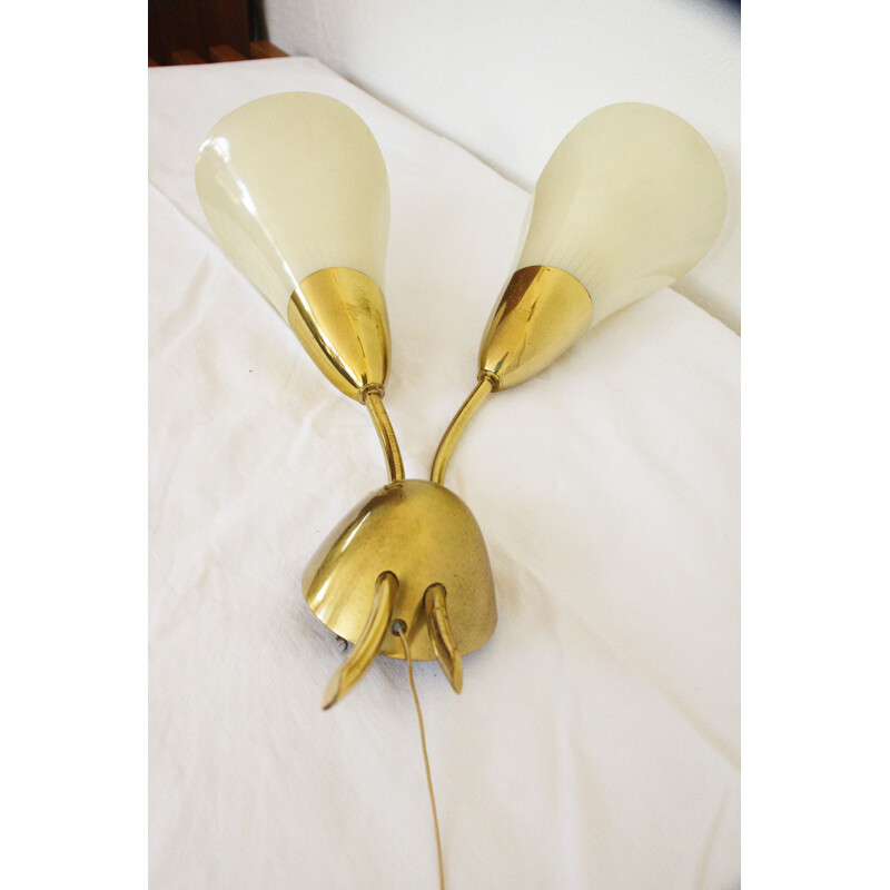 Vintage wall lamp with 2 glass cones and brass pull switch Rockabilly 1950s