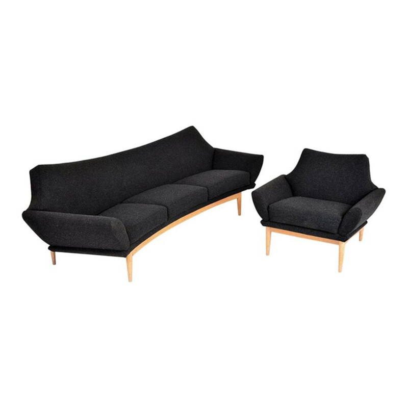 Vintage Swedish Oak Curved Sofa and Chair Johannes Andersen Trensums 1960s