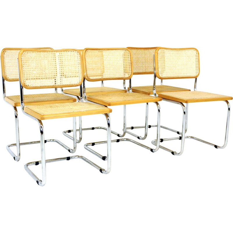 Set of 6 Cesca vintage Marcel Breuer chairs in chromed steel and solid beech wood 1970s