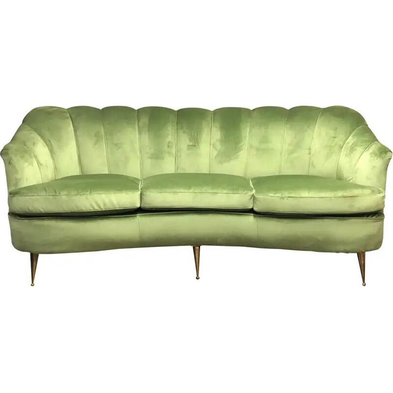 Mid-Century Green Velvet and Brass Italian Curved Sofa 1950