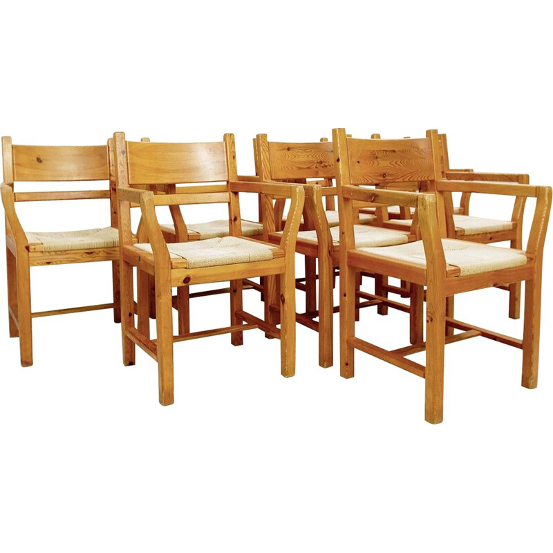 Ensemble de 8 chaises vintage en pin et corde danoises1980