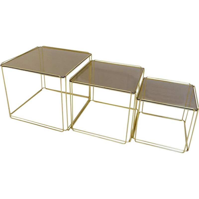 Set of 3 vintage golden nesting tables "Isocèle" by Max Sauze In For Atrow 1970